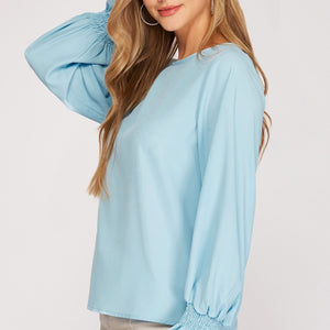 BABY BLUE BUBBLE SLEEVE WOVEN TOP
