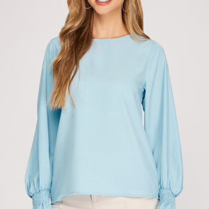 BABY BLUE BUBBLE SLEEVE WOVEN TOP