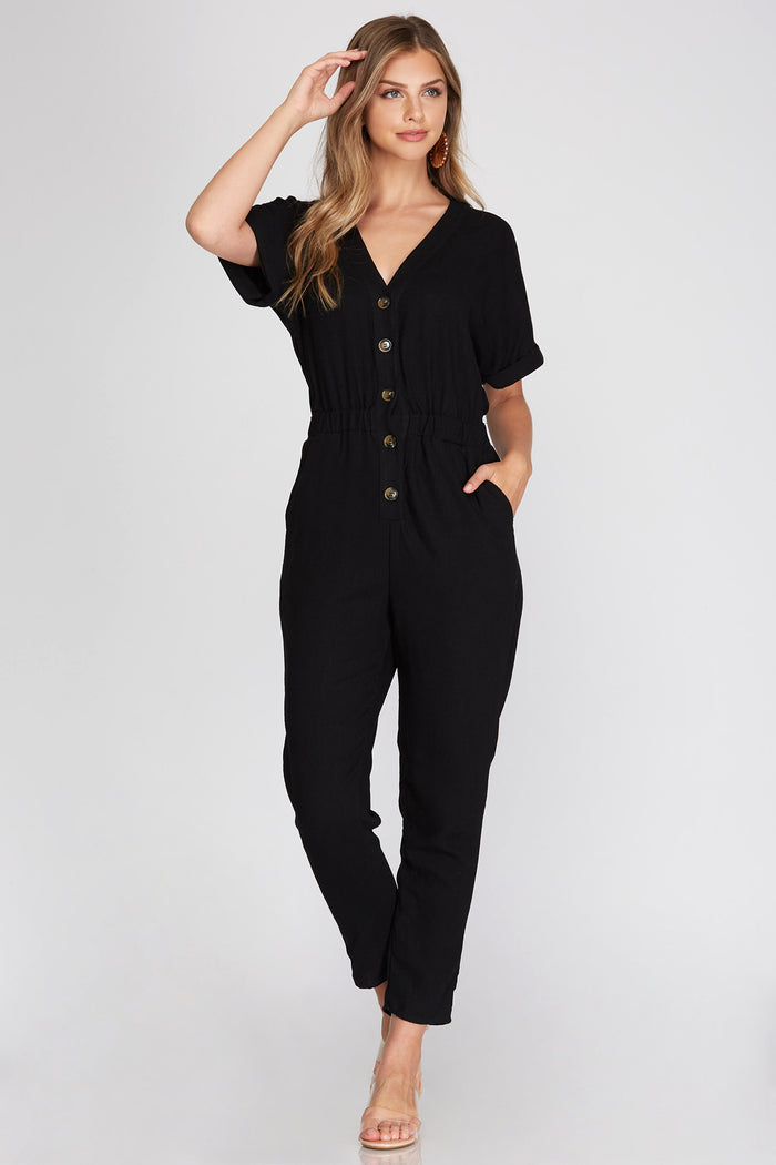 BLACK SHORT SLEEVE WOVEN V NECK JUMPSUIT WITH WAIST TIE