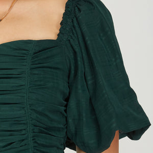 GREEN PUFF SLEEVE WOVEN RUCHED TOP
