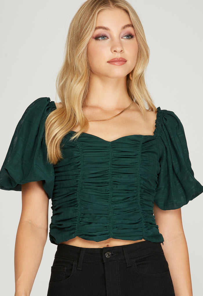 GREEN PUFF SLEEVE WOVEN RUCHED TOP