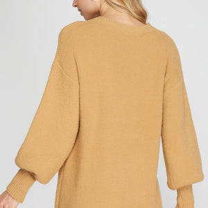 TAUPE PUFF SLEEVE SOFT TOUCH KNIT SWEATER PULLOVER TUNIC