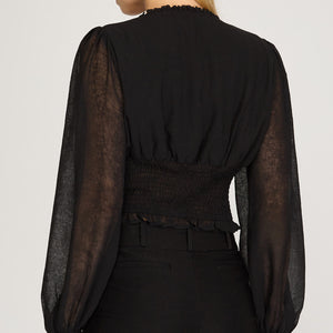 BLACK LONG SLEEVE WOVEN RUCHED TOP