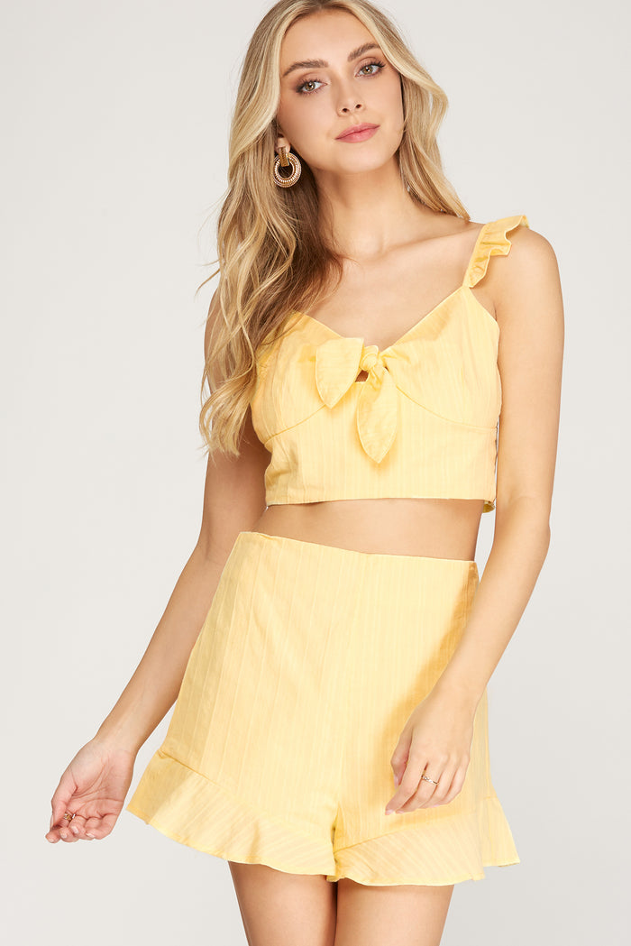 YELLOW WOVEN COTTON JACQUARD SHORTS SET