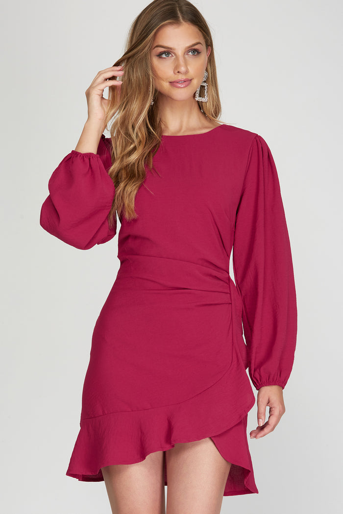 BERRY LONG SLEEVE WOVEN DRESS WITH SHIRRED DETAIL AND RUFFLED