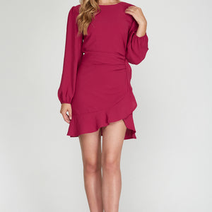 BERRY LONG SLEEVE WOVEN DRESS WITH SHIRRED DETAIL AND RUFFLED