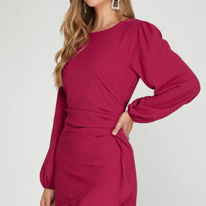 BERRY LONG SLEEVE WOVEN DRESS WITH SHIRRED DETAIL AND RUFFLED
