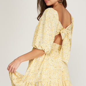 PUFF HALF SLEEVE WOVEN PRINTED DRESS WITH BACK TIE DETAIL