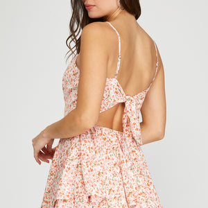 TIED OPEN BACK WOVEN PRINT FLOUNCE CAMI ROMPER