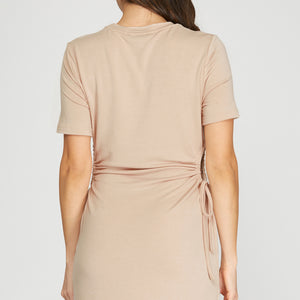 TAUPE HALF SLEEVE SIDE DRAWSTRING RUCHED CUT OUT KNIT DRESS