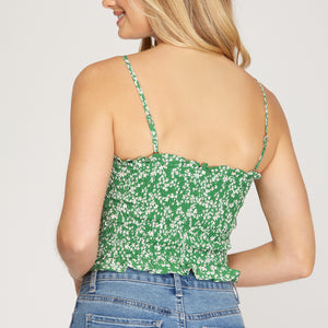 GREEN WOVEN PRINT RUFFLED MINI SKIRT WITH SHORTS LINING SET