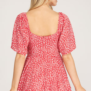 RED FLUTTER HALF SLEEVE WOVEN PRINT LAYERED ROMPER