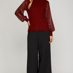 BURGUNDY KNIT TOP W/SEQUIN  SLEEVE