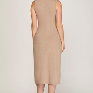 TAUPE SLEEVELESS MOCK NECK KNIT MIDI DRESS WITH SIDE SLIT