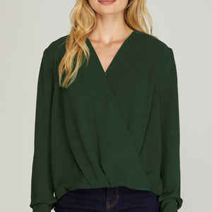 GREEN LONG SLEEVE SURPLICE WOVEN TOP, 2 COLORS