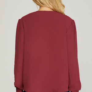 GREEN LONG SLEEVE SURPLICE WOVEN TOP, 2 COLORS