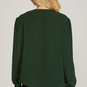 GREEN LONG SLEEVE SURPLICE WOVEN TOP, 2 COLORS
