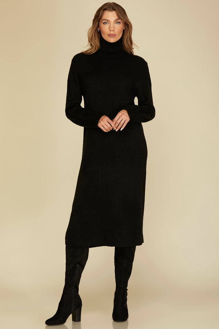 BLACK LIGHTWEIGHT TURTLENECK DRESS W/SIDE SLIT