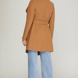 CAMEL OPEN FRONT WRAP COAT WITH FRONT TIE