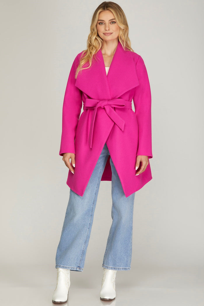 PINK OPEN FRONT WRAP COAT WITH FRONT TIES