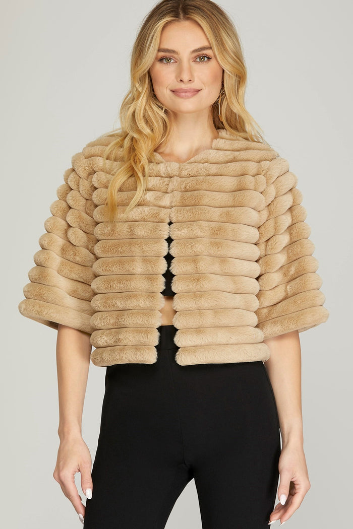 TAUPE HALF SLEEVE FAUX FUR CROP JACKET