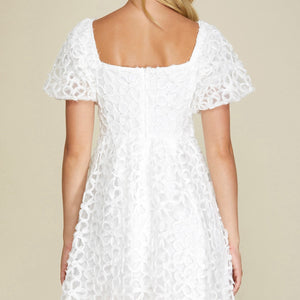 IVORY PUFF SLEEVE 3D FLOWER MESH DRESS