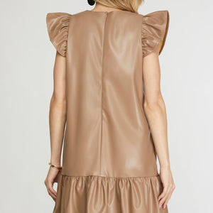 FAUX LEATHER RUFFLE SLEEVE MINI DRESS WITH SIDE POCKETS