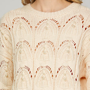 LONG SLEEVE PATTERNED SWEATER WITH PEARL TRIM