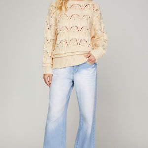 LONG SLEEVE PATTERNED SWEATER WITH PEARL TRIM