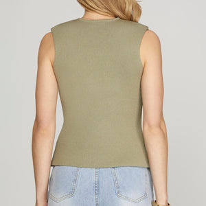 OLIVE SLEEVELESS GOLD BUTTON KNIT VEST