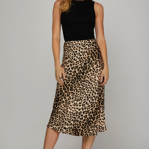 Satin leopard midi skirt
