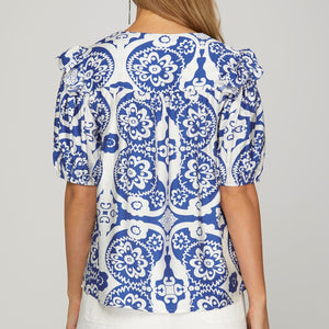 Blue puff sleeve woven top