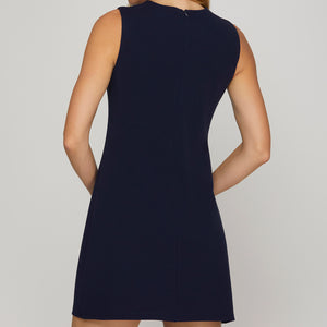 Silver button navy knit dress