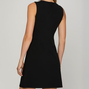 Gold button black knit dress