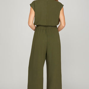 OLIVE SLEEVELESS ELASTIC WAIST WOVEN JUMPSUIT WITH FRONT TIE