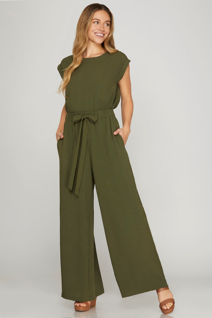 OLIVE SLEEVELESS ELASTIC WAIST WOVEN JUMPSUIT WITH FRONT TIE