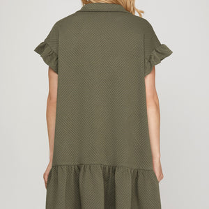 OLIVE RUFFLE SLEEVE 1/2 ZIP QUILTED MINI DRESS WITH POCKETS