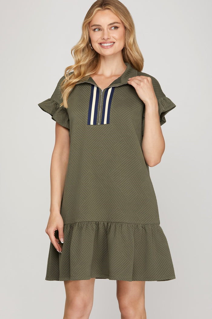 OLIVE RUFFLE SLEEVE 1/2 ZIP QUILTED MINI DRESS WITH POCKETS