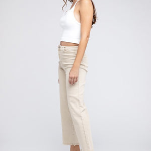 Acid Wash Frayed Cutoff Hem Straight Wide Pants