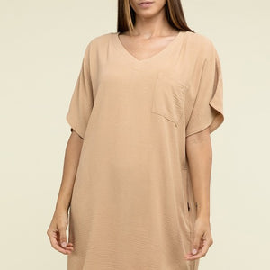 Woven Airflow V Neck T-Shirt Dress with Pockets