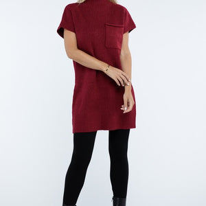 Mock Neck Short Sleeve Sweater Dress with Pocket