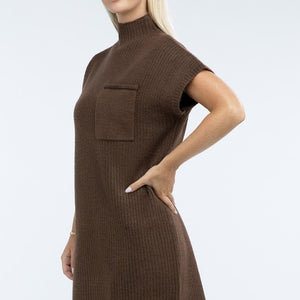 Mock Neck Short Sleeve Sweater Dress with Pocket