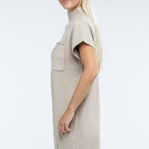 Mock Neck Short Sleeve Sweater Dress with Pocket