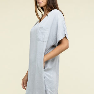 Woven Airflow V Neck T-Shirt Dress with Pockets