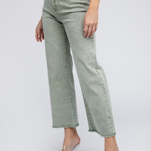 Acid Wash Frayed Cutoff Hem Straight Wide Pants