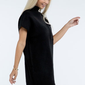 Mock Neck Short Sleeve Sweater Dress with Pocket