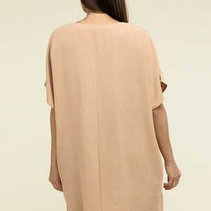 Woven Airflow V Neck T-Shirt Dress with Pockets