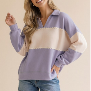 Lilac Collar Ric Rac Trim Color Block Pullover Top