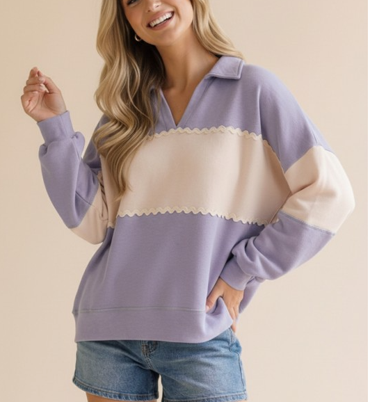 Collar Ric Rac Trim Color Block Pullover Top
