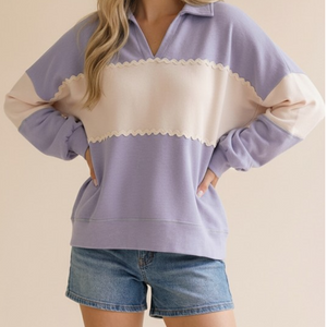 Collar Ric Rac Trim Color Block Pullover Top